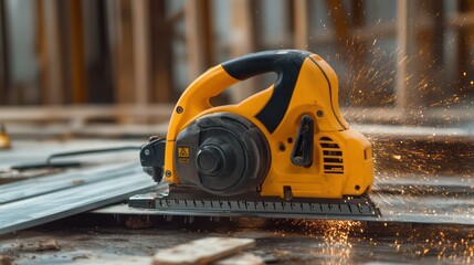 Yellow circular saw cutting metal with sparks flying