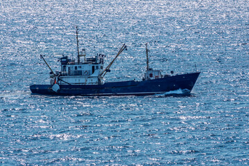 Fishing boat in blue sea and clear sky with birds flying overhead.