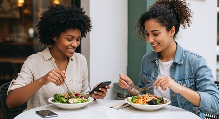 Young Women Enjoying Salad at Outdoor Cafe in Casual Clothing Bright Atmosphere Friendly Conversation
