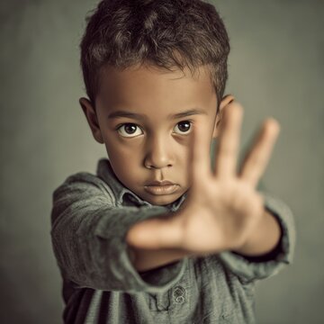 boy making timeout hand sign expressive eyes indoor studio setting neutral background