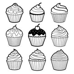Set of nine cupcake outline icons isolated on black background