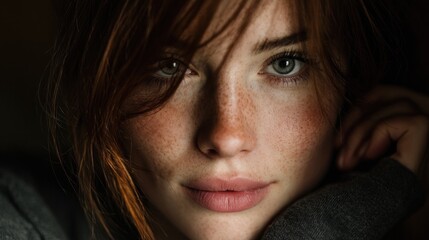 Fototapeta premium Close-up portrait of a woman with freckles and captivating eyes