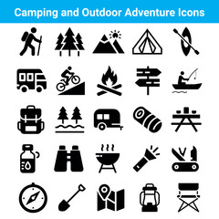 Camping and Outdoor Adventure Icons Travel Symbols in Minimal Flat Style Vector Set