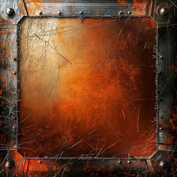 metallic surfaces overlaid with erratic scribble marks enclosed by a bold industrial border edgy and isolated
