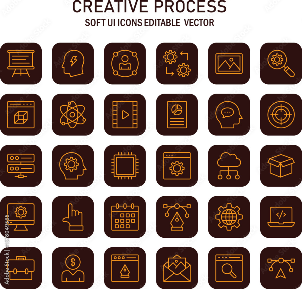 Poster Minimalist icons set representing creative workflow and soft user interface elements for digital applications, dark