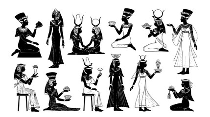 Egyptian goddesses silhouettes are depicted in a vintage style, showing ancient culture and classic history in black and white.