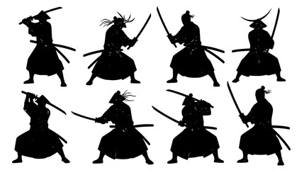 Silhouetted figures of Japanese samurai warriors in different stances evoke themes of martial arts and historic Asian culture.