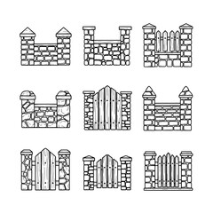 Obraz premium Set of decorative stone wall and gate outlines for landscape design