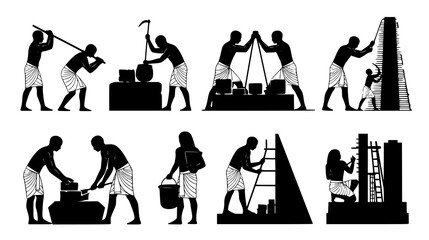 Silhouettes of ancient egyptian laborers constructing buildings and pyramids with heavy loads