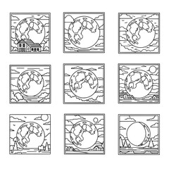 Set of nine line art square icons with earth and nature scenes