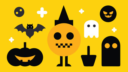 Flat halloween illustration with pumpkins bats ghosts and witch character on yellow background