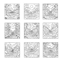 Set of nine scenic landscape outlines demonstrating mountain rivers and forests