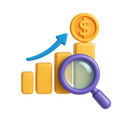 3D Financial Growth Analysis Icon with Magnifying Glass, Upward Arrow, Bar Graph, and Dollar Coin, Isolated on Transparent and White Background
