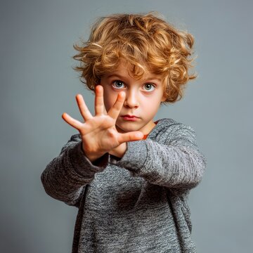 boy making timeout hand sign expressive eyes indoor studio setting neutral background