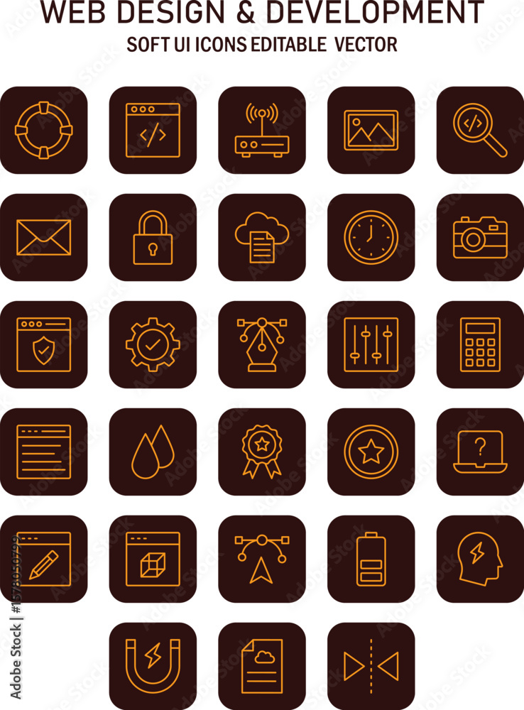 Poster Collection of brown soft user interface icons representing various web development elements for modern designs