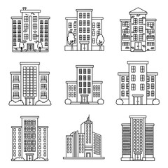 Obraz premium Set of line art city buildings with different architectural styles