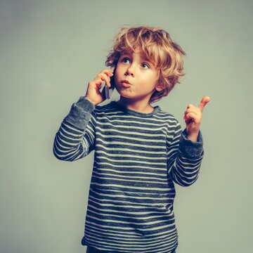 boy pretending to talk on phone with hand gesture fun and imaginative sharp detail neutral background