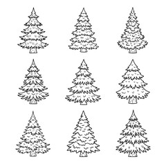 Obraz premium Set of nine stylized pine trees with different branch details for outdoor backgrounds
