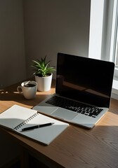 Fototapeta premium Laptop Notebook Pen Coffee and Potted Plant on Wooden Desk in Sunlight
