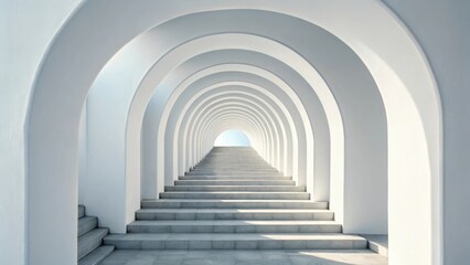 A symmetrical white architectural tunnel with a long staircase leading towards a bright sky
