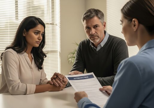 Couple receiving autism spectrum diagnosis from doctor.