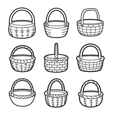 Collection of different woven baskets with handles and accessories