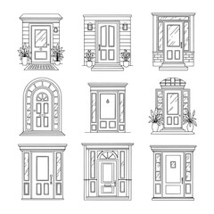 Set of nine detailed door and window facade outlines