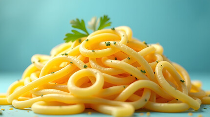 bright yellow fettucine pasta, set against a vibrant, gradient blue background with subtle, creamy undertones