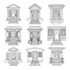 Set of nine small houses with different architectural styles and features