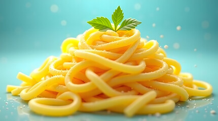 bright yellow fettucine pasta, set against a vibrant, gradient blue background with subtle, creamy undertones