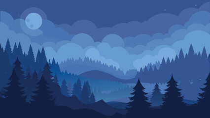 Serene blue night forest scene with moon clouds and layered mountain silhouette