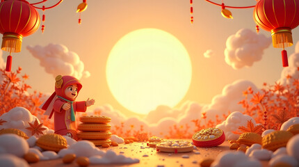 Mooncake festival banner illustration, set against a warm, sunny autumn sky with fluffy white clouds, commemorating and celebrating the end of the harvest season