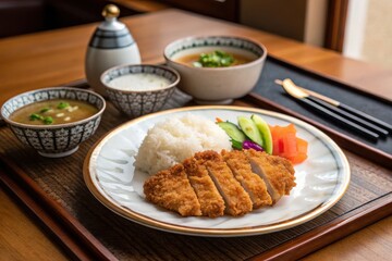 Japanese tonkatsu set with miso soup, rice, pickles, and dipping sauce