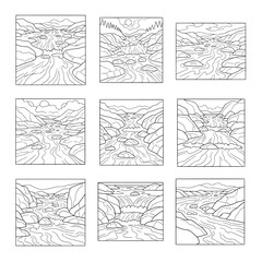 Set of nine line art mountain river landscape sketches