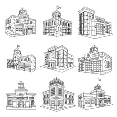 Obraz premium Set of detailed fire stations and buildings with firefighting features