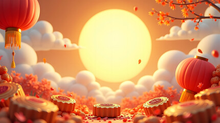 Mooncake festival banner illustration, set against a warm, sunny autumn sky with fluffy white clouds, commemorating and celebrating the end of the harvest season