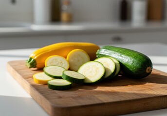 Freshly Cut Yellow and Green Zucchini Slices on Wooden Cutting Board in Bright Kitchen Setting, Healthy Eating Concept