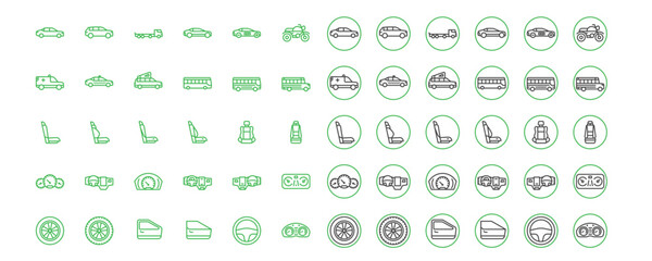 Automotive Industry Icons Linear Circle Vector Collection. Car, Automobile, Sedan, Seats, Dashboards Car, Instrument Panels, Electric Vehicle
