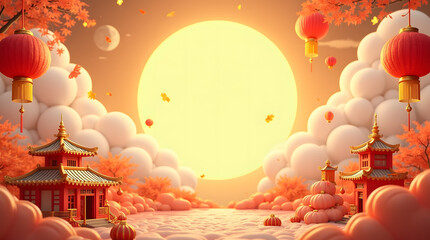 Mooncake festival banner illustration, set against a warm, sunny autumn sky with fluffy white clouds, commemorating and celebrating the end of the harvest season