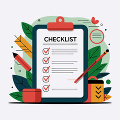 Fototapeta premium A clipboard with a checklist, completed tasks marked with red checkmarks, surrounded by decorative leaves and elements.
