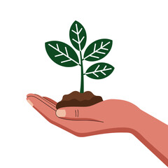 A nurturing hand gently cradles a small sapling, symbolizing growth, care, and environmental responsibility.