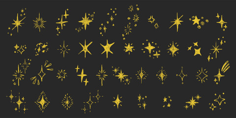 Stars big set. Chalk textured kids freehand drawing shine twinkle. Crayon hand drawn child scribble spark. Pastel pencil childish decorative sparkling collection. Sketch vector illustration isolated