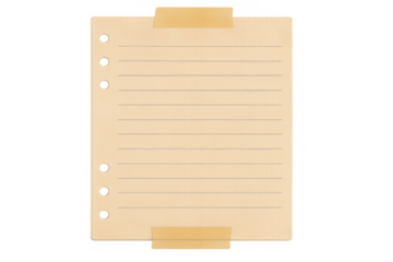 Blank lined notebook page secured by adhesive tape, floating against transparent surface for academic or professional design needs