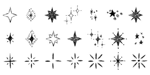 Stars big set. Chalk textured kids freehand drawing shine twinkle. Crayon hand drawn child scribble spark. Pastel pencil childish decorative sparkling collection. Sketch vector illustration isolated