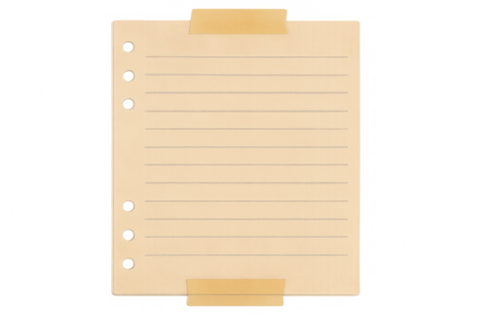 Blank lined notebook page secured by adhesive tape, floating against transparent surface for academic or professional design needs - Powered by Adobe