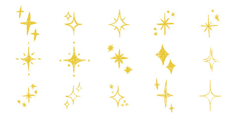 Stars big set. Chalk textured kids freehand drawing shine twinkle. Crayon hand drawn child scribble spark. Pastel pencil childish decorative sparkling collection. Sketch vector illustration isolated