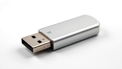 a close-up shot of a modern silver USB flash drive, highlighting its sleek design and technological simplicity