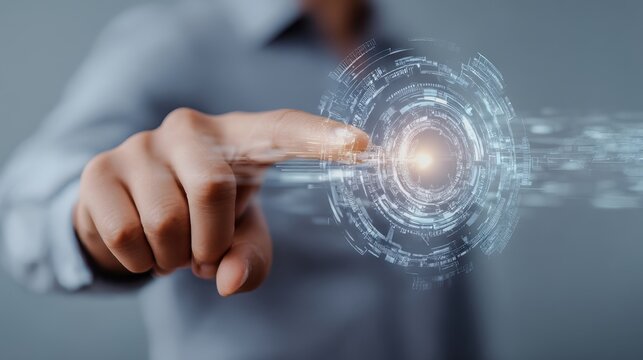 businessperson interacting with futuristic holographic interface minimalistic