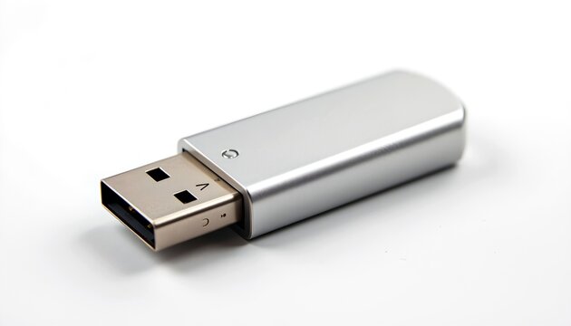 a close-up shot of a modern silver USB flash drive, highlighting its sleek design and technological simplicity