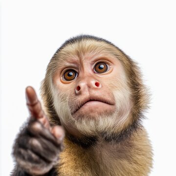 capuchin monkey pointing upward with one finger expressive eyes white isolated background
